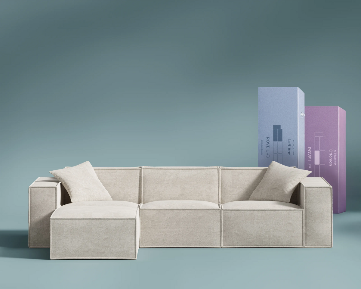 M1 Corner Sofa in Helium Cloud, front view.
